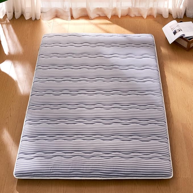 Japanese Floor Mattress, Futon Mattress Foldable, 100% High-Density Premium Foam, Thicken Tatami Mat Portable Dormitory Sleeping Pad, Small Single Size 75" X 25", Grey Stripes
