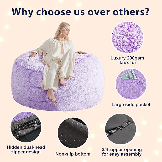 Huge Bean Bag Covers Only, Fluffy Stuffed Beanbag Chair Covers No Filler, Washable Bean Bags Cover for Adults, Stuffed Animal Bean Bag Anti-Slip, 6FT, Purple