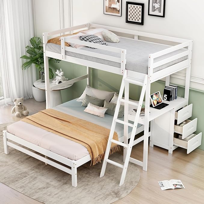 Twin Over Full Bunk Bed with Built-in Desk and Three Drawers,Pine Wood Convertible Twin Over Full L-Shaped Loft Bunk Bed Frame for Kids Teens Adults,White