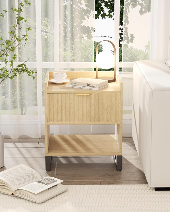 Fluted Night Stand with Charging Station, Wood Nightstand with Large Drawer and Open Storage Cabinet, Mid-Century Modern Bedside Table End Table for Bedroom Closet Office