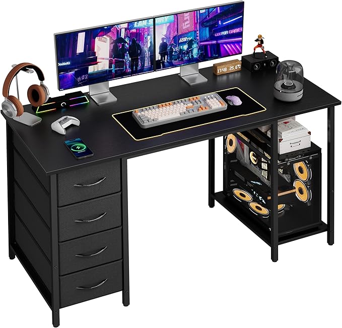 Computer Desk with 4 Drawers, 47 Inch Office Desk with Storage, Gaming Desk with CPU Shelves, Writing Desk Work Desk for Home Office, Study, Bedroom, Work from Home, Black