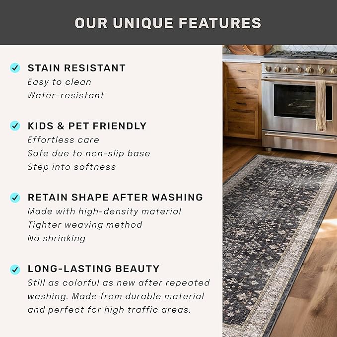Black 2x7 Long Runner Rugs for Entryway, Throw Runners for Kitchen Hallway, Boho Vintage Floral Decor & Non-Slip Low-Pile Washable Stain Resistant Ashen Charcoal Rug