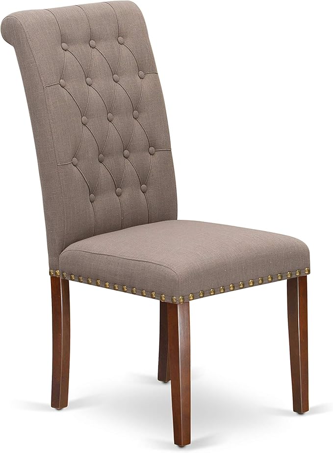 East West Furniture BRP3T18 Bremond Parson Kitchen Chairs - Button Tufted Nailhead Trim Brown Linen Linen Fabric Padded Dining Chairs, Set of 2, Mahogany