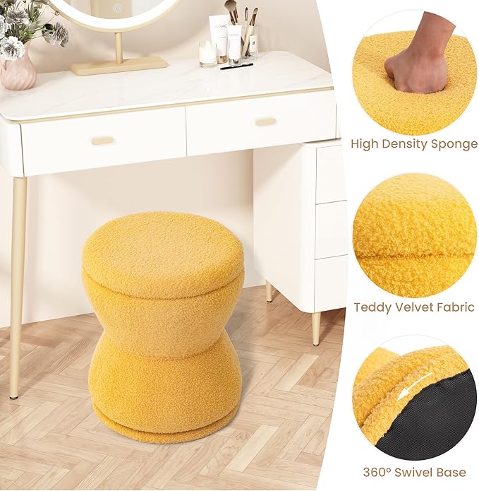 Ottoman with Storage, 360° Swivel Boucle Ottoman Vanity Stool, Upholstered Footstool with Storage Removable Lid, Modern Round Boucle Footrest Coffee Table for Living Room, Dorm, Makeup Room, Yellow
