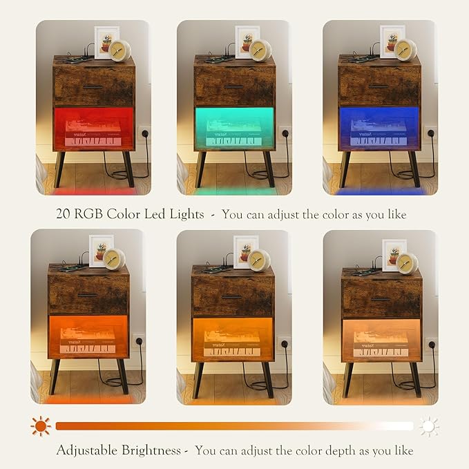 Nightstand with Charging Station and LED Lights, Small Side Table, Bedside Table with Drawer, Modern Night Stand, End Table for Bedroom, Living Room (Rustic Brown)