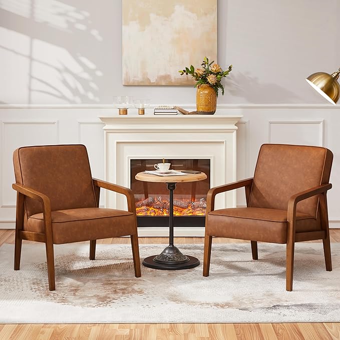 Yaheetech PU Leather Accent Chair, Mid-Century Modern Barrel Chair with Wooden Frame and Soft Thick Padded for Living Room Bedroom Home Office, 2 PCS, Light Brown