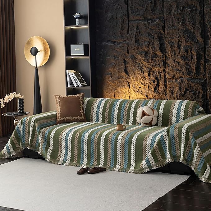STACYPIK Thick Jacquard Green Couch Cover, Washable Sofa Cover for 2 Cushion Couch, Washable Chenille Couch Cover Blanket, Multi-use Sofa Protector Slipcover, Furniture Protector Pet-Friendly-71X118IN
