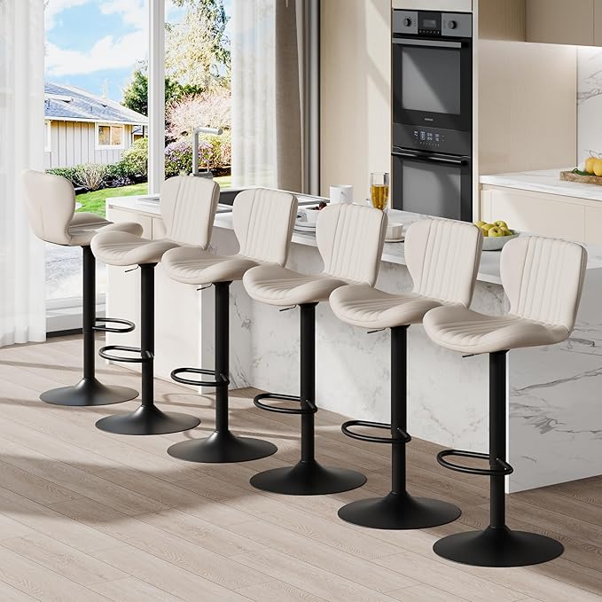 Shintenchi Bar Stools Set of 6 Modern Swivel Bar Chairs, Counter Height Faux Leather Metal Barstools, Upholstered Island Chairs with Back and Footrest, Beige