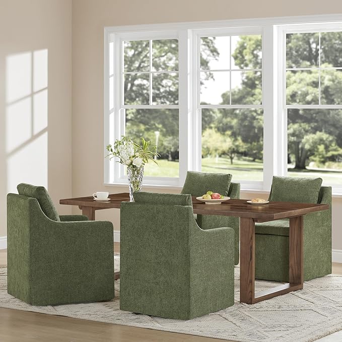 Upholstered Dining Chairs with Casters Easy Assembly Side Deskchair with Rollers for Diningroom Living Room, Green, 1 Box