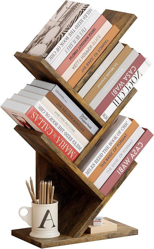 Hoctieon 4 Tier Tree Bookshelf, 4 Shelf Bookcase, Modern Book Storage, Free Standing Tree Bookcase, Utility Organizer Shelves for Home Office, Living Room, Bedroom, Rustic Brown