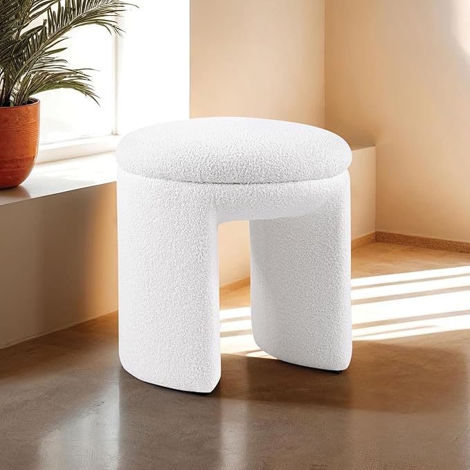 Furniture of America Rami Modern 18-inch Solid Wood Upholstered Ottoman with Pedestal Base, Vanity Stool Chair, Small Foot Stool for Bedroom, Living Room, Entryway, Beige