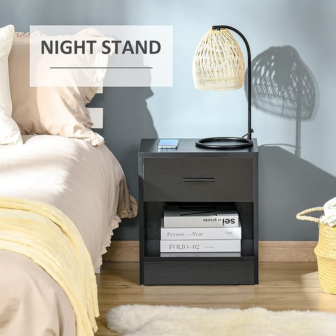 HOMCOM Modern Accent End Table with Drawer and Storage Shelf, Sofa Side Table for Living Room, Black Wood Grain