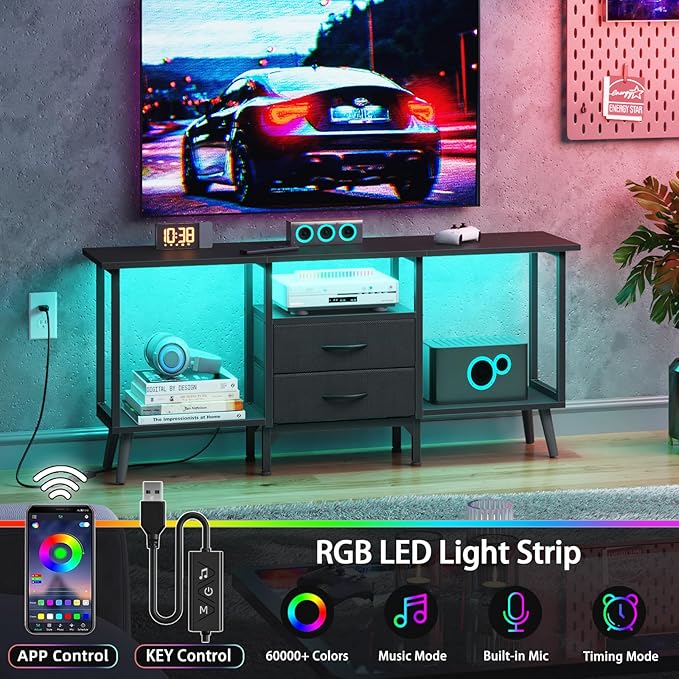 Small TV Stand with Fabric Drawers/LED Light for 55 inch TV, Entertainment Center with Storage Open Shelves，Media Console Table for Living Room, Bedroom, Black