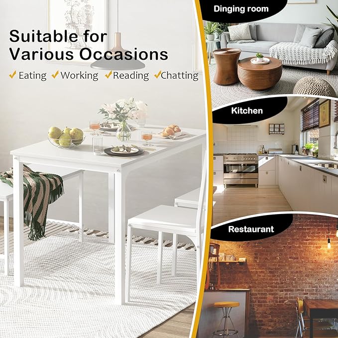 soges 4-Piece Dining Table Set with Bench - 4 Person Kitchen Table and 2 Chairs for Small Spaces, Apartment - Metal Frame & Woodgrain Tabletop, Space-Saving Design, Durable & Easy to Clean, White