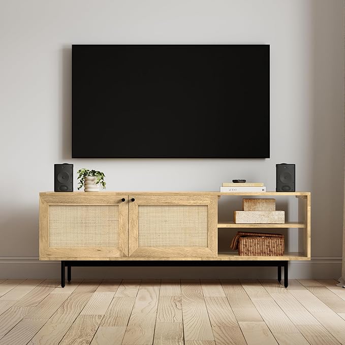 SIMPLIHOME Reeves SOLID MANGO WOOD 60 inch Wide TV Media Stand in Natural For TVs up to 65 inches for the Living Room and Entertainment Center