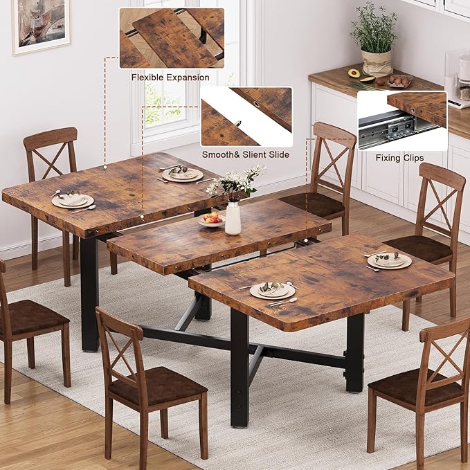 Dining Table for 4-6,62“Extendable Round Kitchen Dining Room Table, Space Saving Rectangle Large Expandable Wood Dinner Furniture for Small Space, Brwon（47-62In*28In*30In