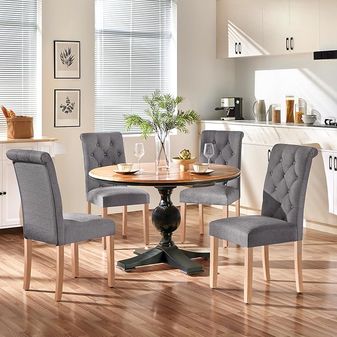 Yaheetech Dining Chairs Set of 4 Fabric Upholstered Button Tufted Kitchen Chairs with Solid Wood Legs for Home, Restaurant, Dining Room, Dark Gray