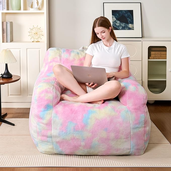 Large Bean Bag Chairs for Adults & Kids, 3FT Memory Foam Bean Bags with Filler, Ultra Soft Faux Fur Fabric - Fluffy Bean Bag Chair for Living Room Bedroom College Dorm (Colorful)