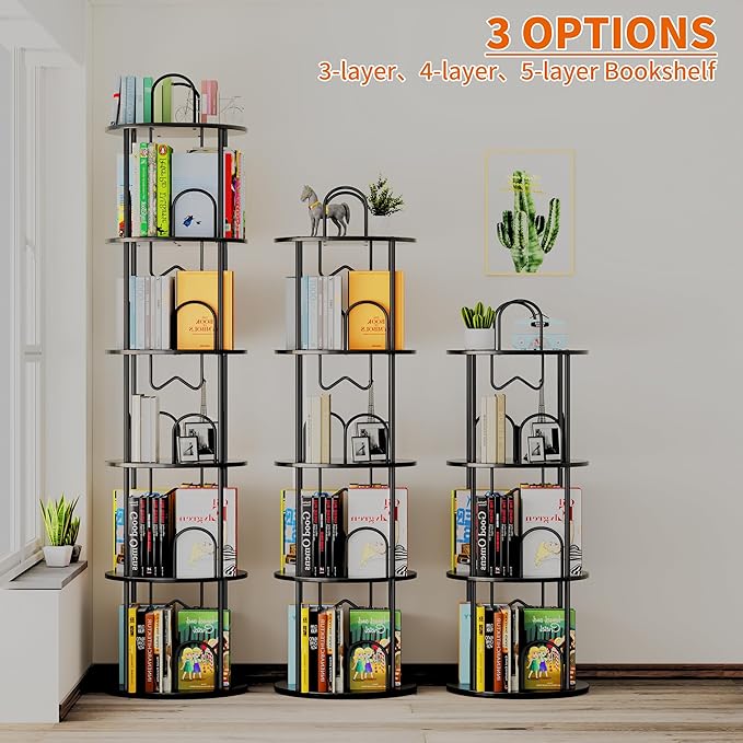 3 Tier Rotating Bookshelf, 360° Spinning Bookshelf Tower, Round Narrow Space Saving for Books and Display, Revolving Bookcase Corner Tall Book Shelf for Small Spaces, Bedroom, Living Room, Black