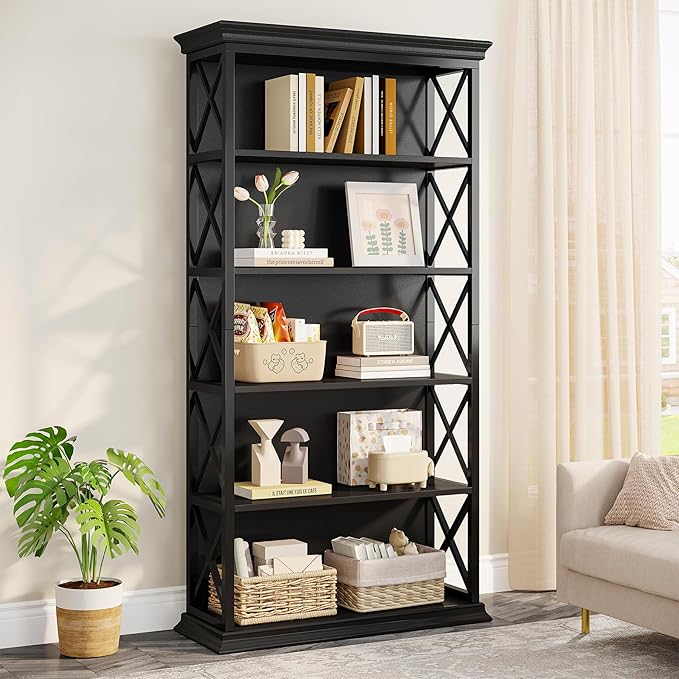 Tribesigns 6-Tier Bookcase, 71 Inches Industrial Bookshelves and Bookcases, Floor Standing 5 Shelf Display Storage Shelves Tall Bookcase for Home Office, Living Room, Bed Room, All Black