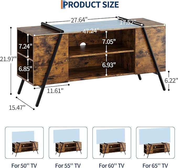Garvee 47 Inch TV Stand with Slanted Metal Legs, Industrial Media Console with Adjustable Open Shelves, Wooden Entertainment Center Television Stand for Living Room, Bedroom, Orange Oak