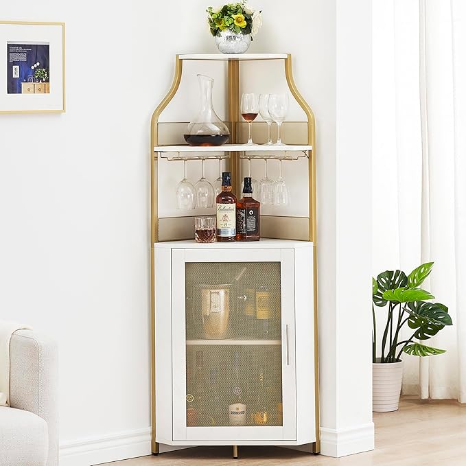 GAOMON Corner Bar Cabinet with Glass Holder, Industrial Wine Cabinet with Adjustble Shelf, 5-Tiers Liquor Cabinet Bar Cabinet for Home, Corner Display Cabinet for Small Space, Faux Marble