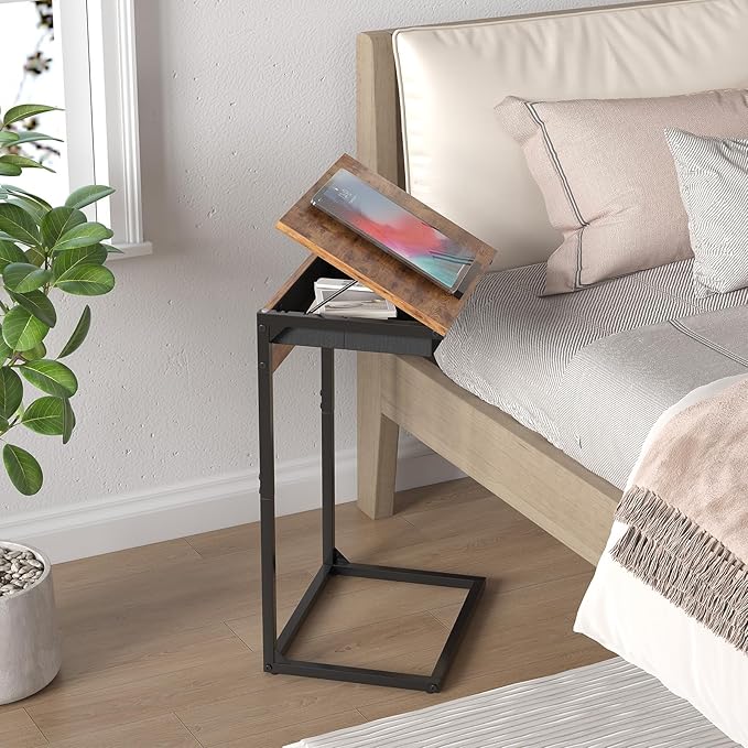 C Shaped End Table with Charging Station,45° Tiltable Adjustable Flip Top Side Table Set of 2,Small C Table Set 2 for Small Spaces,Slide Under Couch Sofa Bedside Table Living Room,Rustic Brown