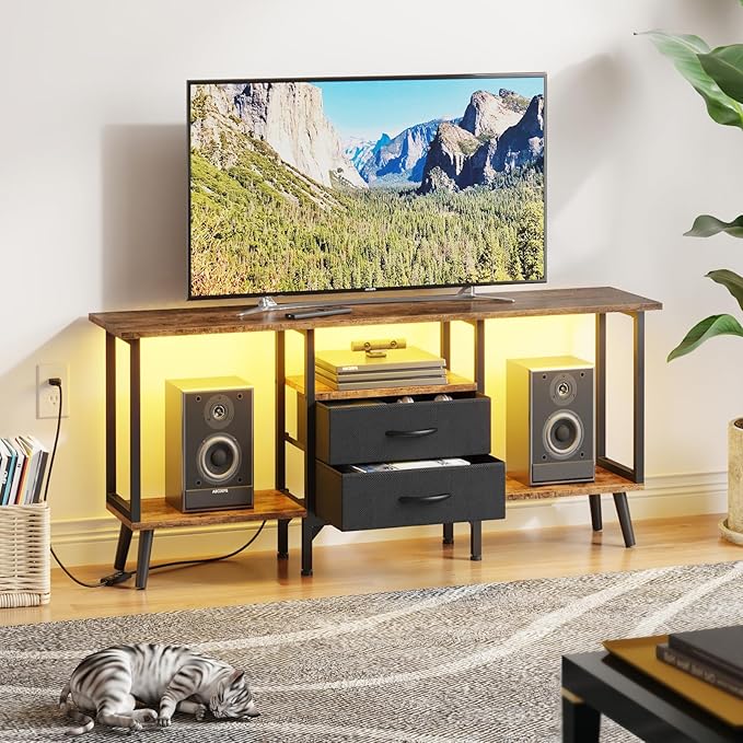 Small TV Stand with Fabric Drawers/LED Light for 55 inch TV, Entertainment Center with Storage Open Shelves，Media Console Table for Living Room, Bedroom, Rustic Brown