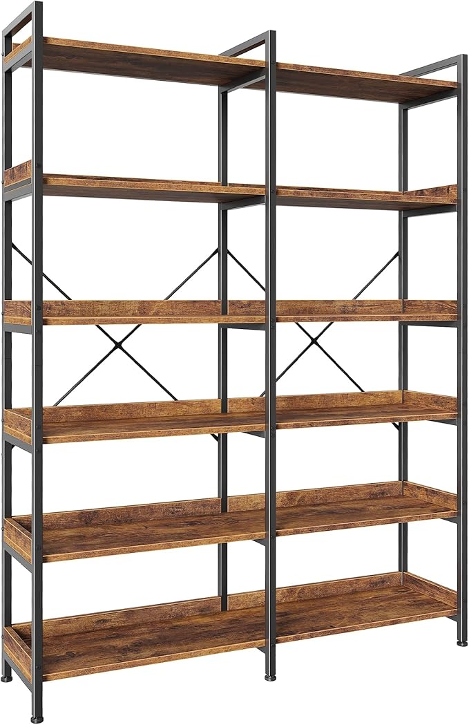 Huuger 6 Tier Bookshelf, Corner Bookshelf with 12 Open Shelves and Raised Baffle, 47.2 Inch Straight Wide Bookcase with Metal Frame and Wooden Board, Adjustable Feet, Rustic Brown