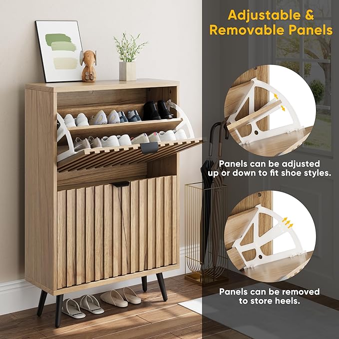 Smuxee Shoe Cabinet with 2 Flip Drawers, 23.6" Natural Hidden Shoe Storage Cabinet with Fluted Design, Freestanding Shoe Organizer Cabinet for Entryway, Hallway, Closet, Living Room