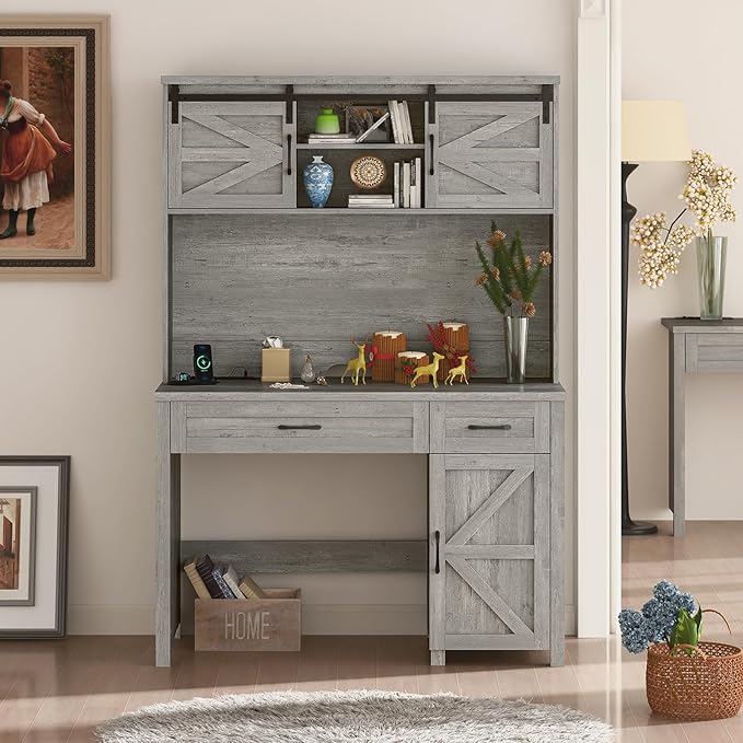 Farmhouse 47" Executive Desk, Computer Desk with 2 Drawers and Storage Cabinet, Home Office Desk with Hutch, Charging Hub, Workspace for Work and Study, Gray