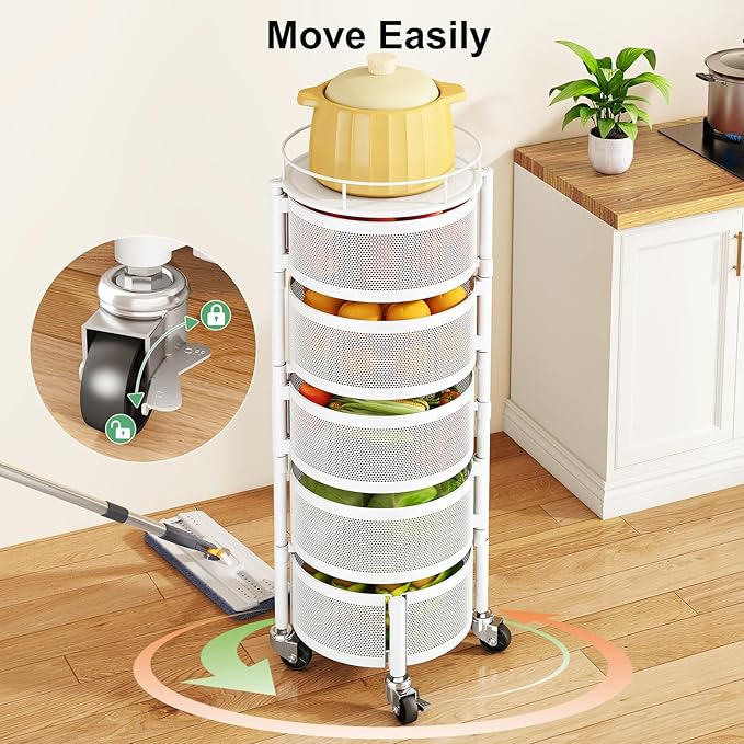 SAYZH Fruit Vegetable Basket for Kitchen, Rotating Storage Rack, 5 Tier Rolling Cart with top lid, Large Metal Wire Wheels (White)