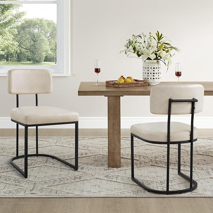 Dining Chairs Set of 4, Upholstered Modern Kitchen Chairs with Ergonomic Backrest, Faux Leather Cushion Seat & Metal Legs for Living Room, Restaurant, and Café, Beige, 2 Boxs