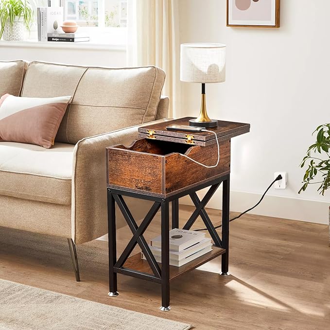 TooCust End Tables Living Room Set of 2, Side Table with Charging Station Flip Top, 11"D x 24"W x 23"H, Narrow Side Table with 5.3" Deep Drawer, Couch End Tables Set of 2, Steel X-Frame, Rustic Brown