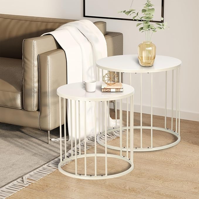 SUNNYPARK Outdoor Side Table Set of 2, Metal Circle Accent End Tables for Balcony Backyard Garden Indoor Living Room, Durable Black Nesting Coffee Tables, 20”+16” Dia