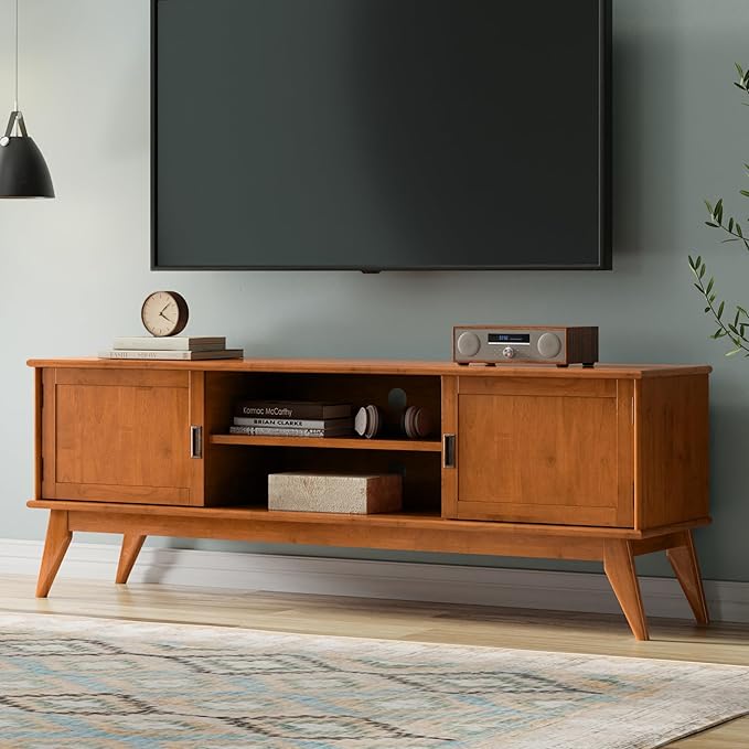 SIMPLIHOME Draper Solid Hardwood 72 inch Wide Mid Century Modern TV Media Stand in Teak Brown for TVs up to 80 inches for The Living Room and Entertainment Center