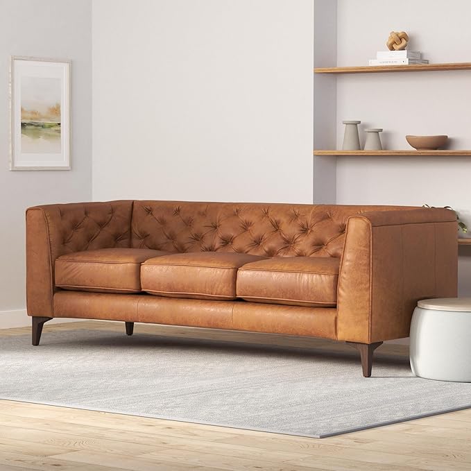Poly & Bark Essex Leather Couch - 89-Inch Sofa with Tufted Back - Full-Grain Leather Sofa for Living Room with Feather-Down Topper - Living Room Couch - Vintage Italian Leather in Cognac Tan