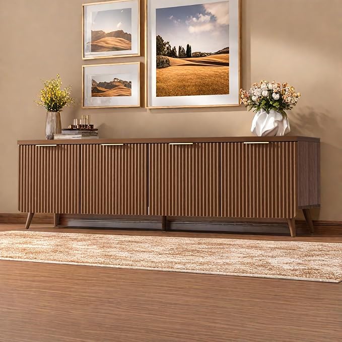 TV Stand for Up to 60" TVs, Modern Entertainment Center with 4 Cylindrical Stripe Doors, Media Console Table with Solid Wooden Legs, Modern TV Stand for Living Room, Bedroom, Walnut