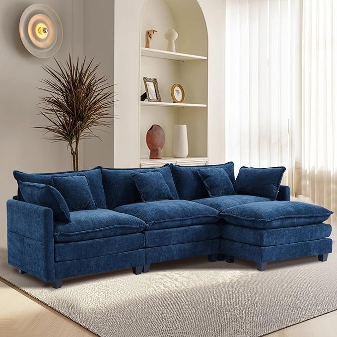 Furniliving 112‘’ L-Shaped Sofa, Luxury Chenille Modular Sectional Couches with Ottoman, Upholstered Deep Seat Sleeper Sofa with Memory Foam and Waist Pillows, Blue