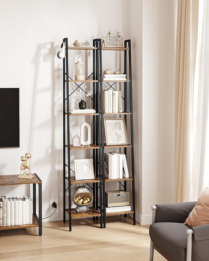 Ladder Shelf, Bookshelf Bookcase, Freestanding Corner Storage Shelve with 2 Hooks for Home Office, Living Room, Kitchen, Bedroom, Industrial, 6-Tier Rustic Brown BC13301B