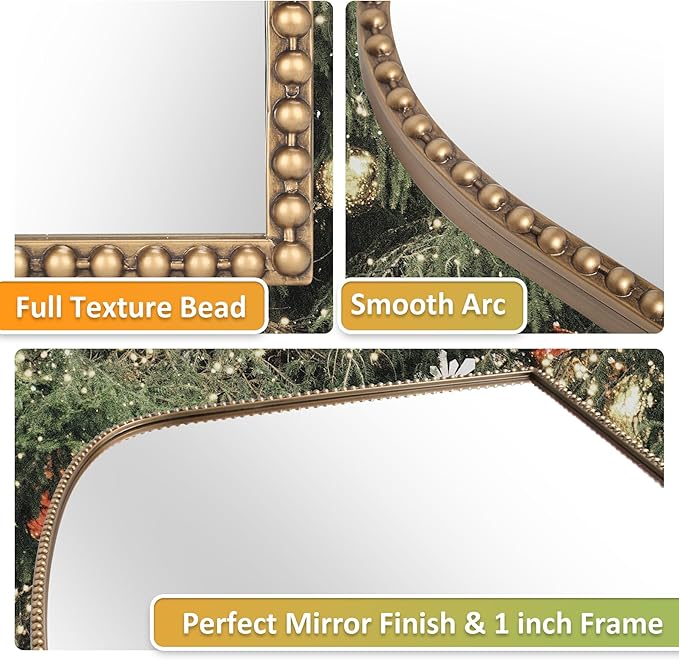 36"X28" Arched Wall Mirror for Fireplace Mantel, Vintage Gold Metal Beaded Accent Mirror, Distortion-Free Glass for Living Room, Entryway, Bathroom, Bedroom Decor
