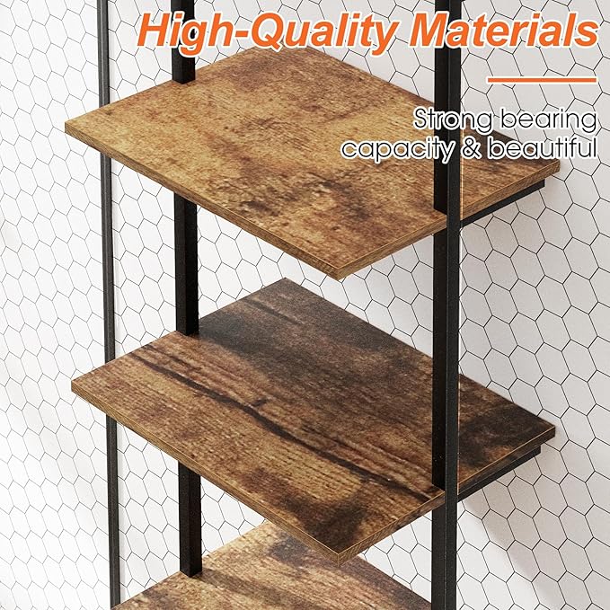 Bookcase Rustic Brown 6 Tiers Modern Bookshelf Room Organizer Open Tall Wall Mount Bookcase Standing Leaning Wall Shelves Industrial Decorative Living Room Bed Room (Rustic Brown)