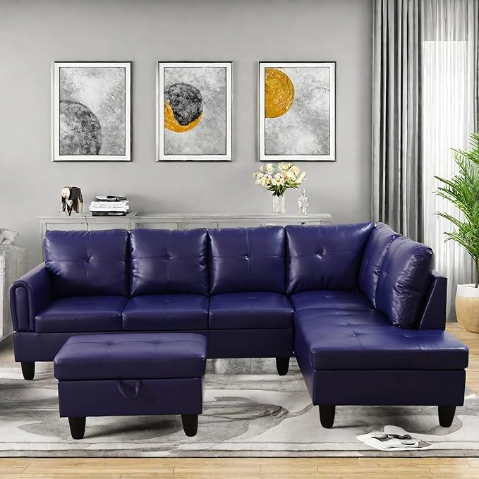 Convertible Leather Sectional Couch, Modern L Shaped Couch with Storage, Large Modular 5-Seat Sectional Sofa with Ottomans for Living Room and Office, Dark Blue-Violet