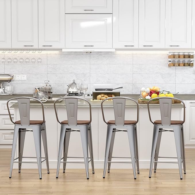 Yongqiang 24 inch Bar Stools Set of 4 High Back Kitchen Counter Height Bar Chairs Silver Metal Barstools with Large Wooden Seat
