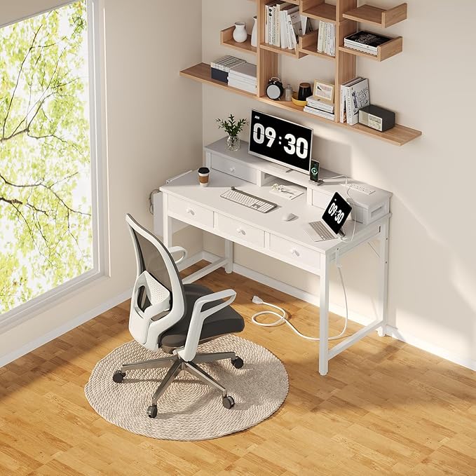 Lufeiya White Computer Desk with Fabric Drawers for Home Office, 40 inch Vanity Makeup Desk with Drawers Storage for Bedroom, Writing Study Table with Power Outlet & Monitor Stand, White