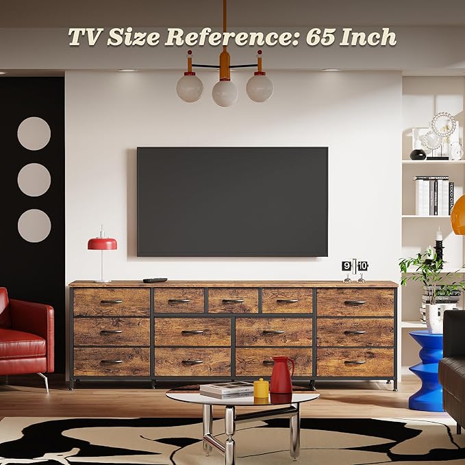 Huuger 70 Inch Dresser for Bedroom, TV Stand for 65, 75, 80 Inch TV, 13 Fabric Drawer Long Dresser, Large Entertainment Center for Bedroom, Wide Chest of Drawer with Storage, Rustic Brown