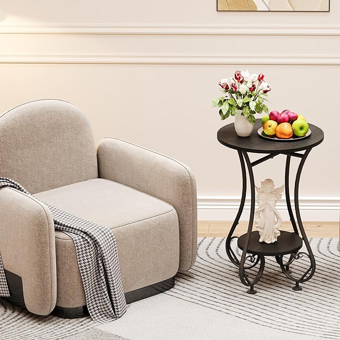 Side Table,Small Round End Table for Small Spaces - Round Bedside Nightstand Table with Metal Frame,Couch Sofa Coffee Table,Retro Accent Table for Living Room Bedroom Balcony,Black,Upgraded Version