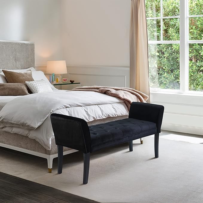 Armen Living Chatham Bench in Black Velvet and Black Wood Finish