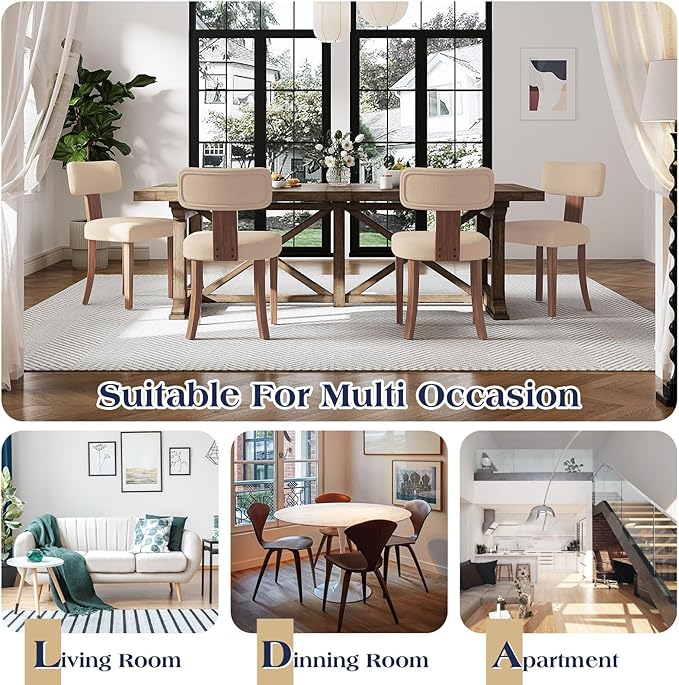 Mid Century Modern Dining Chairs Set of 2, Linen Upholstered Kitchen Chairs with Curved Backrest & Adjustable Legs for Living Room/Bedroom/Lounge, Easy to Install, Beige Linen