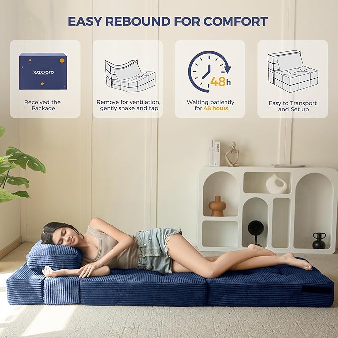 MAXYOYO Convertible Sofa Bed, Fold Out Single Sleeper Sofa with Pillow, 4 in 1 Tufted Folding Couch Bed Foam Floor Couch, Lazy Chair for Living Room Bedroom Guest Room, Navy